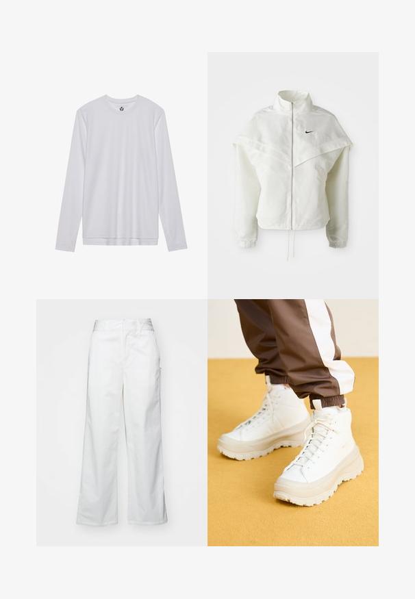 Balta ilga rankovė zip-up striukė su aukštu apykakle, švarkelio tipo detalėmis ant pečių, elastingomis rankovėmis ir mažuoju juodu Nike logotipu ant krūtinės.; Ilga rankovė balta marškiniai, pagaminti iš lygaus audinio, su apvaliu iškirpimu ir tiesiu kirpimu. Nėra matomų raštų ar akcentų.; Balti plačios kojos kelnės, pagamintos iš medvilnės, turinčios lygią tekstūrą, tiesų siluetą, priekinės kišenės ir švarų apvado kraštą.; Baltos aukštos sportinės bateliai su masyviu, tekstūruotu padu, sklandžiu viršumi, apvalia nosimi ir toniniu raišteliu, prieš geltoną foną.