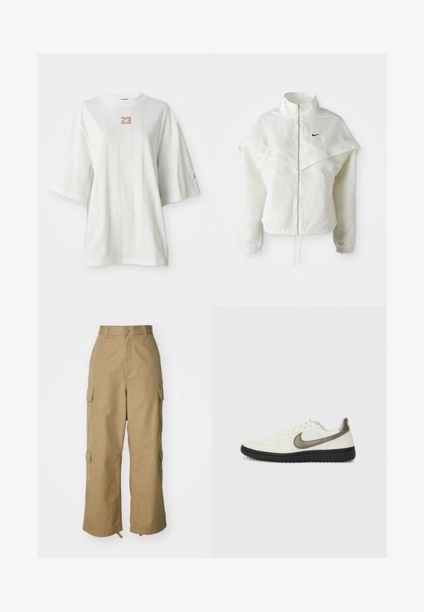 Jachetă albă cu mâneci lungi, cu fermoar, guler înalt, detalii asemănătoare unei capele pe umeri, manșete elastice și un mic logo Nike negru pe piept.; Tricou alb cu mânecă scurtă, cu linii verticale și guler rotund. Prezintă un logo texturat "23" pe piept și un mic logo de accent pe mânecă.; Pantaloni cargo bej cu talie înaltă, picioare largi și patru buzunare laterale mari. Realizați dintr-un material durabil, cu o textură netedă și detalii minimale.; Nike Sportswear FIELD GENERAL - Sneakers low - off-white/black