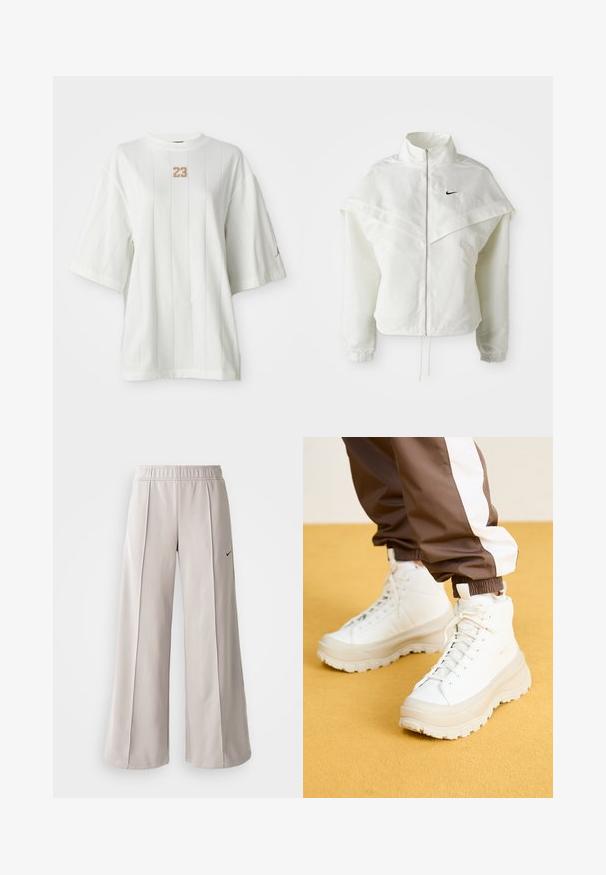 Fehér, hosszú ujjú, zipzáras dzseki magas gallérral, a vállakon lebegő, köpenyszerű résszel, rugalmas mandzsettákkal és kis fekete Nike logóval a mellkason.; Fehér, rövid ujjú póló függőleges csíkokkal és kerek nyakkivágással. A mellkason egy textúrált "23" logó található, valamint egy kis kiegészítő logó az ujjon.; Világosszürke, bő szabású nadrág sima anyagból. Gumírozott derékrésszel és fekete Nike logóval a bal oldalon.; Fehér, magasszárú sportcipők, vastag, texturált talppal, sima bőr felsőrésszel, kerek orral és azonos színű fűzőkkel, sárga háttér előtt.