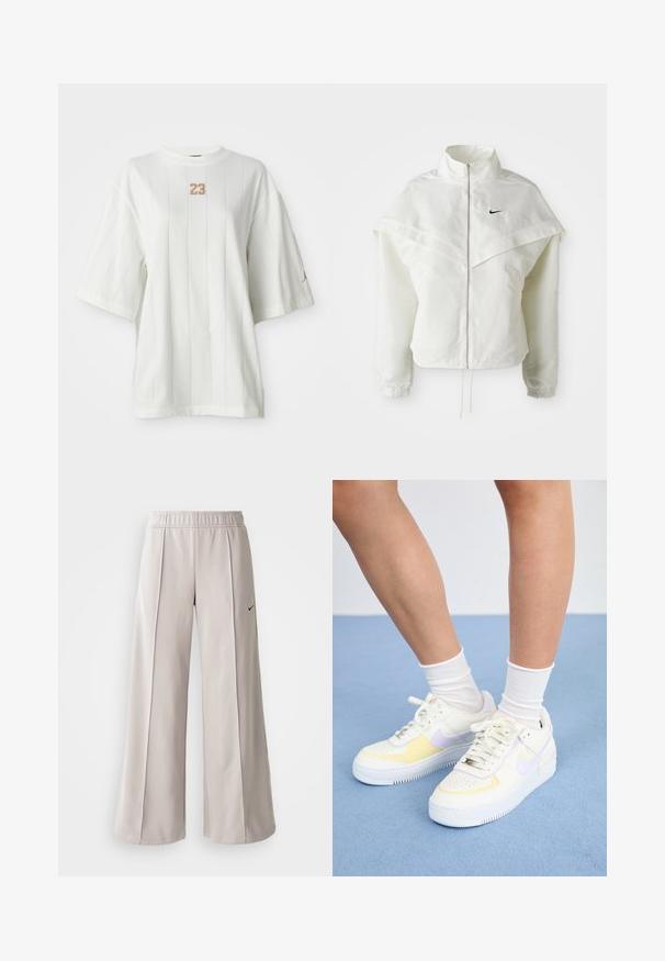 Witte lange mouwen zip-up jas met hoge kraag, cape-achtige details over de schouders, elastische manchetten en een klein zwart Nike-logo op de borst.; Witte T-shirt met korte mouwen, verticaal gestreept en met een ronde hals. Heeft een textuur "23" logo op de borst en een klein accent logo op de mouw.; Lichtgrijze wijde broek van glad materiaal. Voorzien van een elastische tailleband en een zwart Nike-logo aan de linkerkant.; Witte leren sneakers met gele en lavendelkleurige accenten, ronde neus, platte veters en een textuurrubber zool. Gdraag met witte sokken.