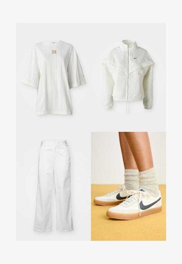 Valkoinen pitkähihainen vetoketjullinen takki korkealla kauluksella, viittamainen yksityiskohta olkapäillä, joustavat hihansuut ja pieni musta Nike-logo rinnassa.; Valkoinen lyhythihainen T-paita, jossa on pystysuorat viivat ja pyöreä kaula-aukko. Rinnassa on teksturoidusta materiaalista valmistettu "23" -logo sekä pieni yksityiskohtalogo hihassa.; Valkeat leveät housut, jotka on valmistettu puuvillasta ja joissa on sileä tekstuuri, suora istuvuus, etutaskut ja siisti helma.; Valkoiset Nike-tennarit, joissa on tummansininen swoosh, teksturoitu kangas, valkoiset nauhat ja kumipohja, yhdistettynä pörröisiin vaaleanvihreisiin sukkiin. Keltainen tausta.