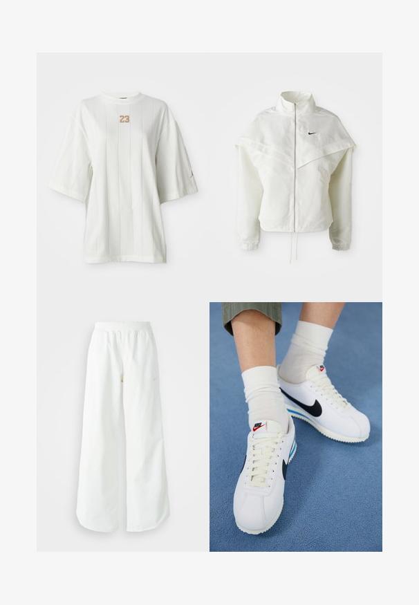 Witte lange mouwen zip-up jas met hoge kraag, cape-achtige details over de schouders, elastische manchetten en een klein zwart Nike-logo op de borst.; Witte T-shirt met korte mouwen, verticaal gestreept en met een ronde hals. Heeft een textuur "23" logo op de borst en een klein accent logo op de mouw.; Witte atletische broek met wijde pijpen, een geribde tailleband en subtiele logodetails. Soepele stof met een relaxte pasvorm en taps toelopende zoom.; Witte Nike sneakers met een zwarte swoosh, vetersluiting aan de voorkant en witte zolen met blauwe accenten. Draag ze met witte crew-sokken over groene broek.