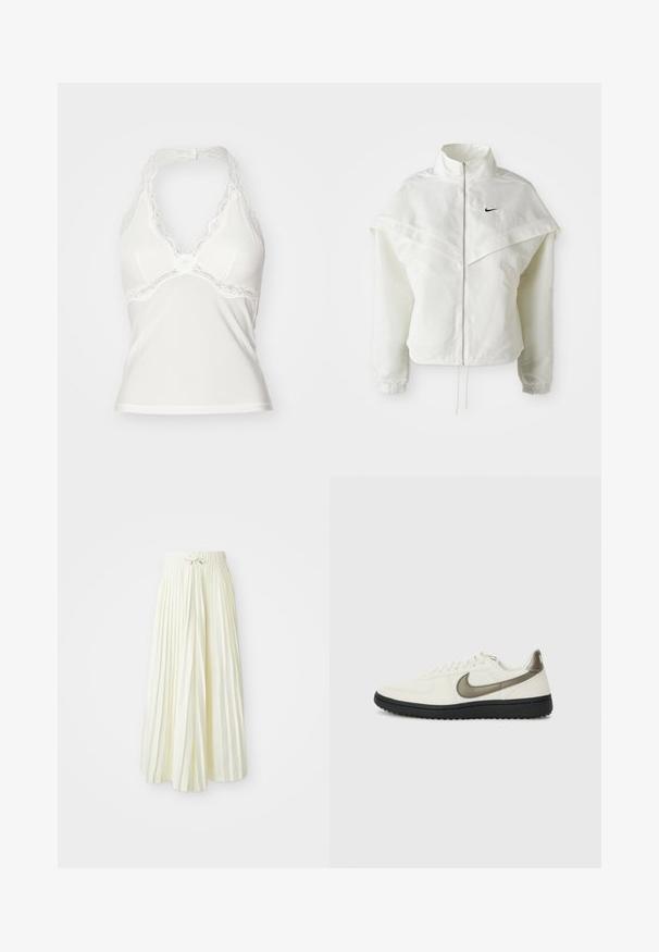 Hvit langermet jakke med glidelås og høy krage, kappe-lignende detaljer over skuldrene, elastiske mansjetter, og liten svart Nike-logo på brystet.; Hvit halterneck topp med blondekant langs utringningen, mykt stoff og lett polstrede kopper med en tett, glatt silhuett.; Plisse midi-skjørt i lys gul stoff, med elastisk midjebånd med knyting, glatt tekstur og vertikale striper for ekstra detaljer.; Nike Sportswear FIELD GENERAL - Joggesko - off-white/black