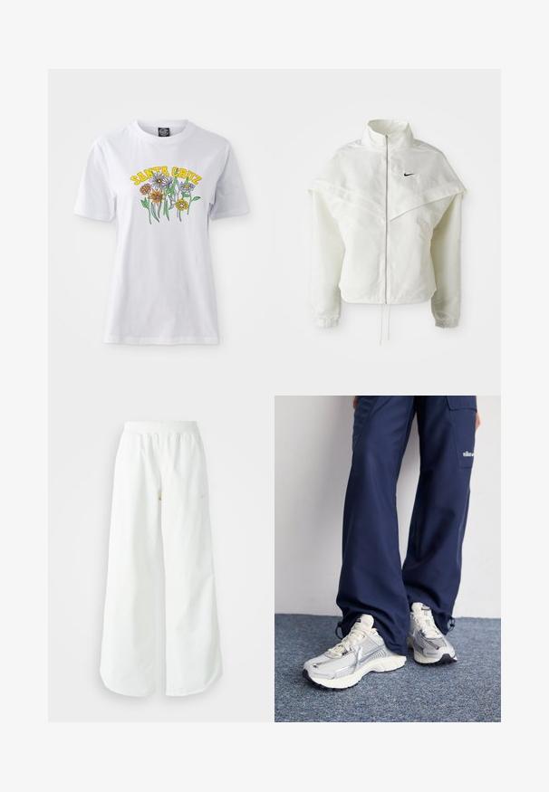Balta garās piedurknes ar rāvējslēdzēju jaka ar augstu apkakli, apmetņa līdzīga detaļa uz pleciem, elastīgas aproces un mazs melns Nike logotips uz krūtīm.; Balta kokvilnas T-krekls ar krāsainu ziedu dizainu un dzelteniem burtiem "SANTA CRUZ", apaļa kakla izgriezums, īsās piedurknes un brīvs piegriezums.; Baltas, platais sporta bikses ar ribotu jostasvītru un smalku logotipa detaļu. Gluda auduma ar brīvu piegriezumu un sašaurinātu apakšdaļu.; Nike sporta apavi ar sudraba sietu augšdaļu, baltām akcentiem un teksturētām zolēm, saskaņoti ar brīviem zila toņa biksēm.