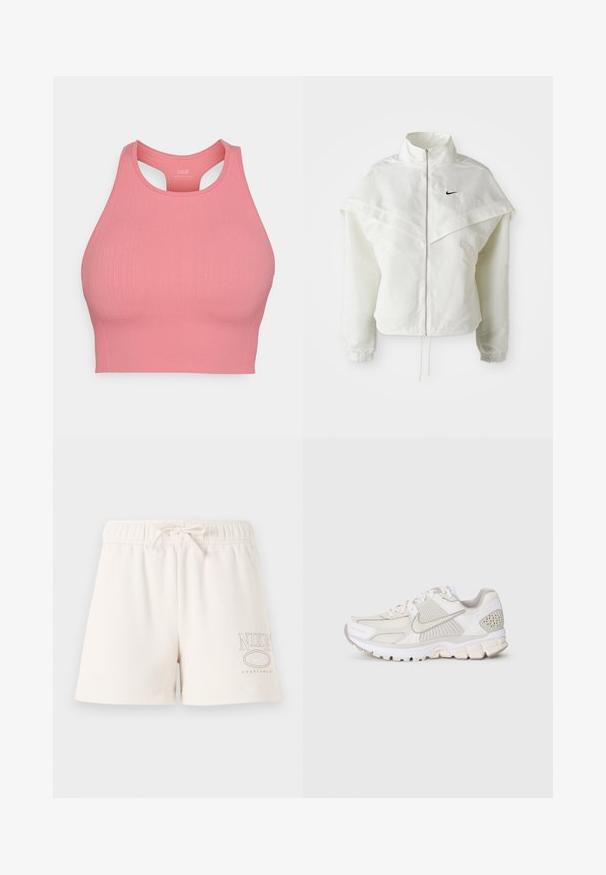 Jachetă albă cu mâneci lungi, cu fermoar, guler înalt, detalii asemănătoare unei capele pe umeri, manșete elastice și un mic logo Nike negru pe piept.; Sutien sport roz cu dantelă, cu un guler înalt și un design racerback. Fabricat din material elastic pentru confort și suport. Fără hardware vizibil.; Pantaloni scurți din bumbac bej deschis, cu talie elastică, șnur ajustabil și logo-ul "NIKE SPORTSWEAR" imprimat în maro deschis pe lateral.; Pantof sportiv alb fabricat din materiale din plasă și sintetice. Prezintă un design texturat, guler căptușit și accente geometrice pe toc.