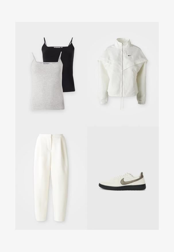 Veste zippée à manches longues blanche avec col haut, détail de type cape sur les épaules, poignets élastiques et petit logo Nike noir sur la poitrine.; Deux débardeurs : un noir et un gris clair, fabriqués en coton doux. Chacun a des bretelles fines et un décolleté arrondi, avec un design simple.; Pantalons blancs taille haute cintrés avec une fermeture frontale dissimulée et des poches latérales, présentés sur un fond blanc uni.; Nike Sportswear FIELD GENERAL - Baskets basses - off-white/black