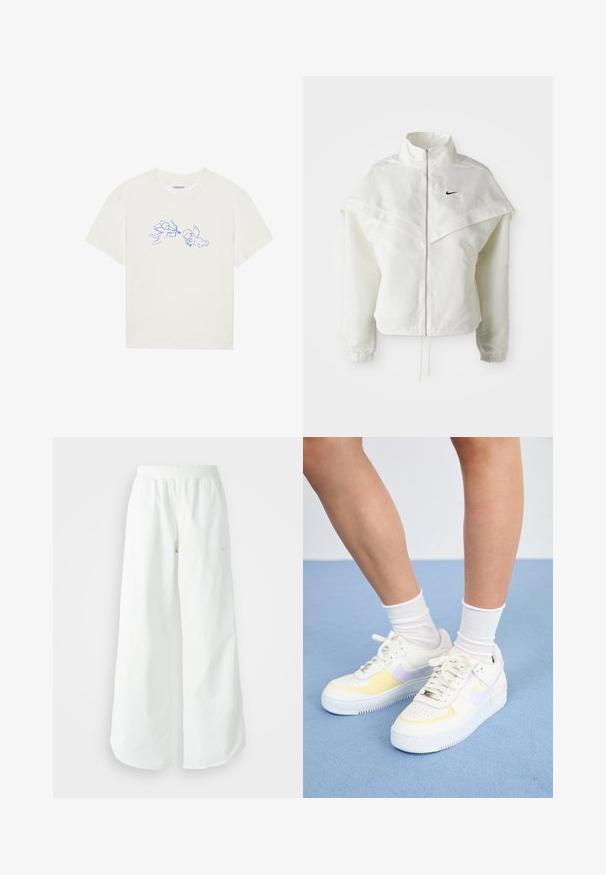 Hvid langærmet zip-up jakke med høj krave, kappe-lignende detaljer over skuldrene, elastiske manchetter og lille sort Nike-logo på brystet.; Hvid bomulds t-shirt med blå omridsillustrationer af to engle i legende positurer, rund hals, korte ærmer og en afslappet pasform.; Hvide athletic bukser med vidde, ribbet talje og subtile logo detaljer. Glat stof med en afslappet pasform og tapered hals.; Hvide lædersneakers med gule og lavendel accenter, rund tå, flade snørebånd og struktureret gummisål. Båret med hvide sokker.