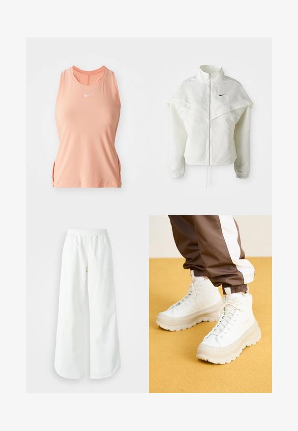 Witte lange mouwen zip-up jas met hoge kraag, cape-achtige details over de schouders, elastische manchetten en een klein zwart Nike-logo op de borst.; Roze mouwloos sporttop met een ronde halslijn, zijsplitten en geborduurd logo op de borst. Gemaakt van een gladde, rekbare stof.; Witte atletische broek met wijde pijpen, een geribde tailleband en subtiele logodetails. Soepele stof met een relaxte pasvorm en taps toelopende zoom.; Witte hoge sneakers met een chunky, gestructureerde zool, voorzien van een gladde bovenkant, ronde neus en tonale veters, tegen een gele achtergrond.