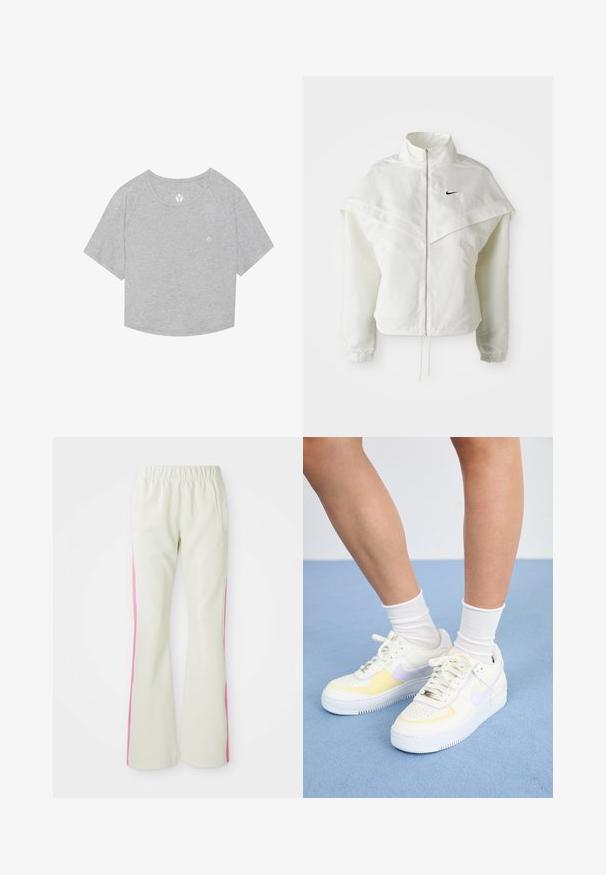 Biela bunda s dlhým rukávom na zips a vysokým golierom, s plášťovým detailom cez plecia, elastickými manžetami a malým čiernym logom Nike na hrudi.; Sivý skrátený tričko s krátkymi raglánovými rukávmi, mäkkou textúrou a malým logom potlačeným pri výstrihu. Okrúhly lem na spodnej strane.; Svetlo béžové nohavice s elastickým pásom, s ružovými bočnými panelmi a bočnými vreckami. Hladká textúra s rovnými nohavicami.; Biele kožené tenisky s žltými a levanduľovými akcentmi, okrúhle špičky, ploché šnúrky a textúrovaná gumová podrážka. Nosené s bielymi ponožkami.