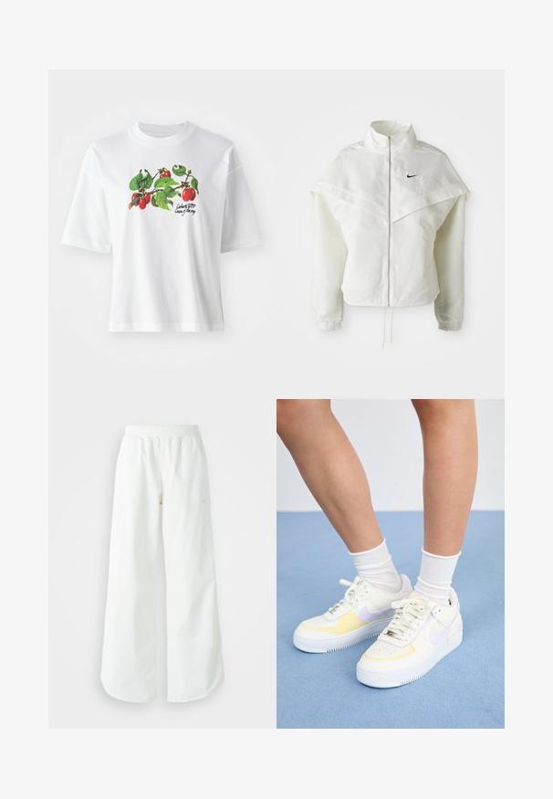 Bjela jakna dugih rukava s patentnim zatvaračem i visokim ovratnikom, s kapastim detaljima preko ramena, elastičnim manžetama i malim crnim Nike logom na prsima.; Bijela pamučna majica kratkih rukava s živopisnim uzorkom voća i lišća na sredini. Natpis glasi "Carhartt WIP Cream of the crop."; Bijele široke sportske hlače s rebrastim pojasom i suptilnim logotipom. Glatka tkanina s opuštenim krojem i suženim rubom.; Bijele kožne tenisice s žutim i lavandinim naglascima, okrugli vrh, ravne vezice i teksturirana gumena potplat. Nosene s bijelim čarapama.