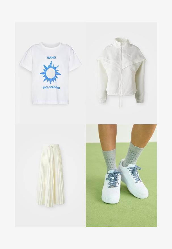 Biela bunda s dlhým rukávom na zips a vysokým golierom, s plášťovým detailom cez plecia, elastickými manžetami a malým čiernym logom Nike na hrudi.; Biela bavlnená tričko s modrým glitrovým slnkom a textom "YANG YOGA SEARCHER" v modrom písme. Krátke rukávy a voľný strih.; Plisovaná midi sukňa v svetložltej látke, so širokým elastickým pásom a viazaním, hladkou textúrou a vertikálnymi prúžkami pre ďalší detail.; Biele kožené tenisky s modrými akcentmi, perforovaným dizajnom na špičke a textúrovanými modro-bielymi šnúrkami, nosené so sivými rebrovanými ponožkami.