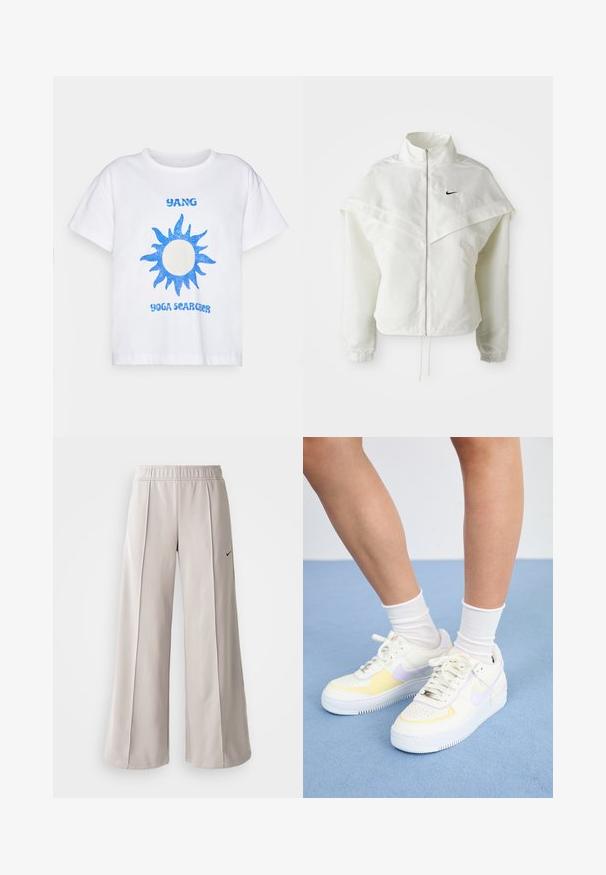 Chaqueta blanca de manga larga con cremallera y cuello alto, detalle tipo capa en los hombros, puños elásticos y pequeño logo negro de Nike en el pecho.; Camiseta de algodón blanca con un gráfico de sol de purpurina azul y el texto "YANG YOGA SEARCHER" en fuente azul. Manga corta y corte relajado.; Pantalones de pierna ancha en gris claro, confeccionados con una tela suave. Presentan una cinturilla elástica y el logotipo negro de Nike en el lado izquierdo.; Zapatillas de cuero blancas con acentos amarillos y lavanda, punta redonda, cordones planos y suela de goma texturizada. Llevadas con calcetines blancos.