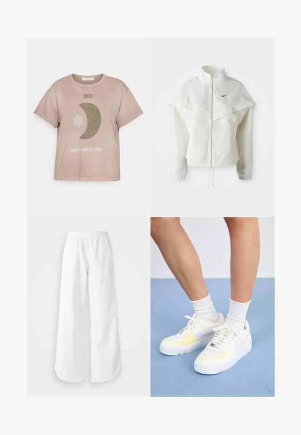 Witte lange mouwen zip-up jas met hoge kraag, cape-achtige details over de schouders, elastische manchetten en een klein zwart Nike-logo op de borst.; Korte mouwen, taupe katoenen t-shirt met de tekst "YIN", een maansikkel en een ster in aardetinten. Heeft een comfortabele pasvorm.; Witte atletische broek met wijde pijpen, een geribde tailleband en subtiele logodetails. Soepele stof met een relaxte pasvorm en taps toelopende zoom.; Witte leren sneakers met gele en lavendelkleurige accenten, ronde neus, platte veters en een textuurrubber zool. Gdraag met witte sokken.