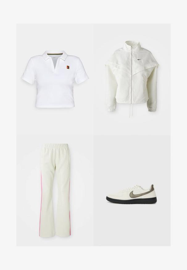 Hvit langermet jakke med glidelås og høy krage, kappe-lignende detaljer over skuldrene, elastiske mansjetter, og liten svart Nike-logo på brystet.; Hvit kortermet polo-shirt med kragehals, med en liten farget Nike-logo og et flerfarget stripete aksent inni kragen.; Lys beige bukser med elastisk linning, med rosa sidepaneler og sidelommer. Glatt tekstur med rett ben-design.; Nike Sportswear FIELD GENERAL - Joggesko - off-white/black