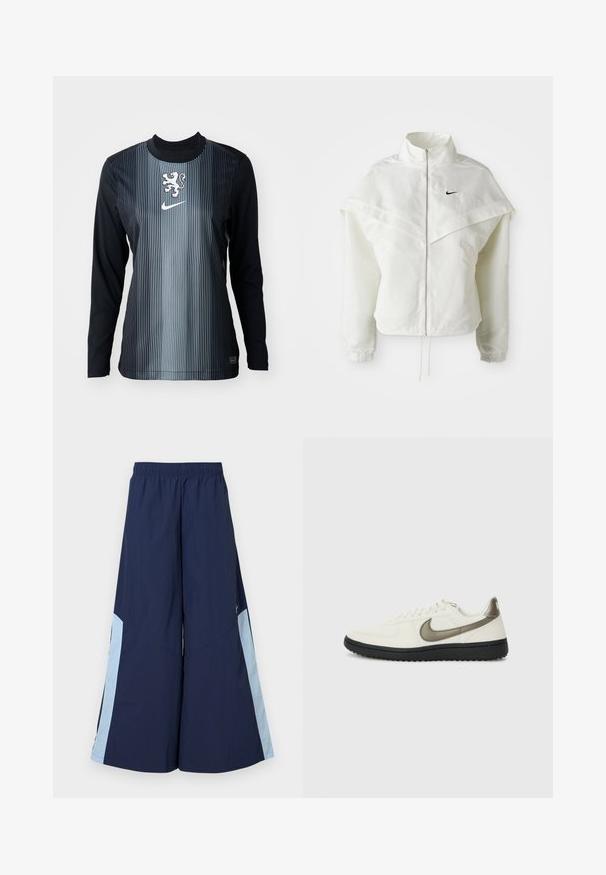 Balta garās piedurknes ar rāvējslēdzēju jaka ar augstu apkakli, apmetņa līdzīga detaļa uz pleciem, elastīgas aproces un mazs melns Nike logotips uz krūtīm.; Melnea piedurkne krekls melnā un pelēkā krāsā ar vertikālām svītrām, ar lauva emblēmu un Nike logo uz krūšu. Gluda tekstūra, sporta fit.; Jūras spēku platākā kāju bikses ar elastīgu jostasvietu, kurām ir gaiši zilas sānu ielaidumi un gluda tekstūra. Izstrādātas komfortam un vieglai kustībai.; Nike Sportswear FIELD GENERAL - Treniņu apavi - off-white/black