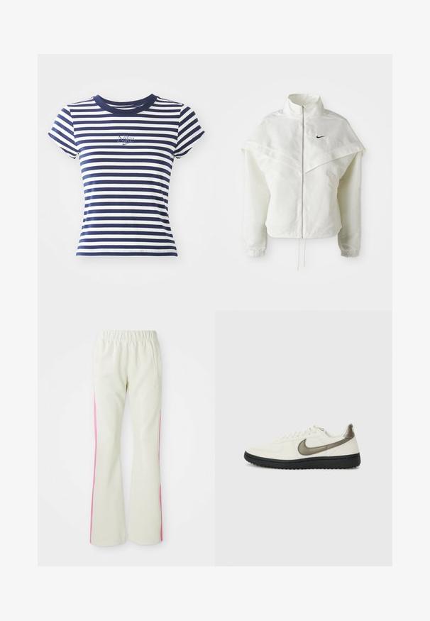 Balta ilga rankovė zip-up striukė su aukštu apykakle, švarkelio tipo detalėmis ant pečių, elastingomis rankovėmis ir mažuoju juodu Nike logotipu ant krūtinės.; Mėlynos ir baltos juostos marškinėliai, medvilnės ir sintetikos mišinio, trumpomis rankovėmis, apvaliu kaklu, priekyje su mažu siuvinėtų Nike logotipu.; Šviesiai smėlio spalvos kelnės su elastinga juosmens juosta, turinčios rožinius šoninius panelius ir šonines kišenes. Lygi tekstūra su tiesiomis kojomis.; Nike Sportswear FIELD GENERAL - Sportbačiai - off-white/black