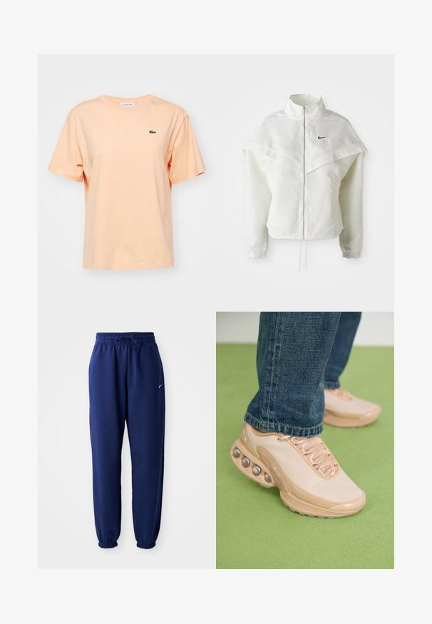 Biała, długozapinana kurtka na zamek z wysokim kołnierzem, z pelerynowym detalem na ramionach, elastycznymi mankietami i małym czarnym logo Nike na piersi.; Różowa bawełniana koszulka z krótkim rękawem i okrągłym dekoltem. Na piersi znajduje się małe zielone logo krokodyla Lacoste.; Granatowe dresy wykonane z miękkiego materiału, z elastycznym paskiem w talii z możliwością regulacji, elastycznymi mankietami oraz małym białym logo.; Jasnobeżowe buty sportowe mają siateczkową górę, gumową podeszwę i zaokrąglone detale w metalicznym wykończeniu. Noszone z niebieskimi dżinsami na zielonej powierzchni.