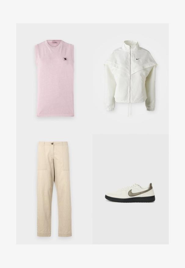Jaqueta branca de mangas longas com fecho éclair e gola alta, detalhe tipo capa nos ombros, punhos elásticos e pequeno logótipo preto da Nike no peito.; T-shirt rosa claro sem mangas, feita de um tecido macio, com um decote redondo e um pequeno logótipo em forma de quadrado no lado esquerdo do peito.; Calças de algodão bege com corte reto, apresentando bolsos frontais, fecho de botão e bainhas dobradas. Textura suave e design minimalista.; Nike Sportswear FIELD GENERAL - Sapatilhas - off-white/black