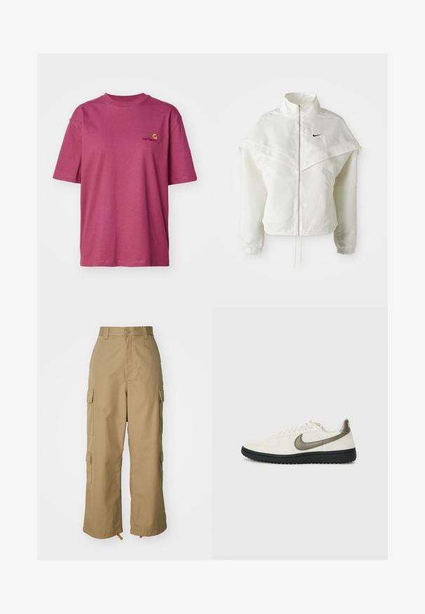 Fehér, hosszú ujjú, zipzáras dzseki magas gallérral, a vállakon lebegő, köpenyszerű résszel, rugalmas mandzsettákkal és kis fekete Nike logóval a mellkason.; Carhartt WIP AMERICAN SCRIPT - Basic póló - dusty fuchsia; Beige vászon nadrág magas derékkal, széles lábakkal és négy nagy oldalzsebbel. Tartós anyagból készült, sima textúrával és minimális részletekkel.; Nike Sportswear FIELD GENERAL - Sportcipő - off-white/black