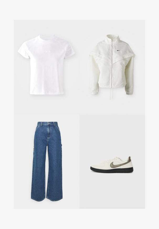 Jachetă albă cu mâneci lungi, cu fermoar, guler înalt, detalii asemănătoare unei capele pe umeri, manșete elastice și un mic logo Nike negru pe piept.; Tricou alb cu mânecă scurtă, cu un guler rotund, fabricat dintr-un material moale din bumbac. Are un logo subtil pe față și o croială lejeră.; Pantaloni din denim albastru cu talie înaltă și picioare largi, cu o cusătură contrastantă și buzunare laterale, având un design clasic cu cinci buzunare și margini brut.; Nike Sportswear FIELD GENERAL - Sneakers low - off-white/black