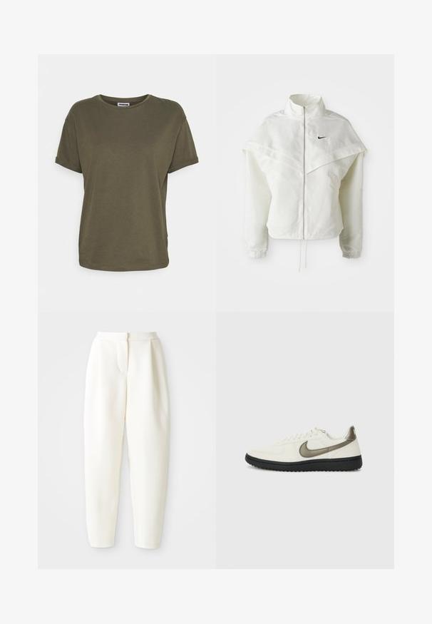 Balta ilga rankovė zip-up striukė su aukštu apykakle, švarkelio tipo detalėmis ant pečių, elastingomis rankovėmis ir mažuoju juodu Nike logotipu ant krūtinės.; Noisy May Paprasti marškinėliai - kalamata; Baltos aukšto liemens siaurėjantys keliai su paslėptu priekinio uždarymo mechanizmu ir šoninėmis kišenėmis, pristatyti prieš paprastą baltą foną.; Nike Sportswear FIELD GENERAL - Sportbačiai - off-white/black