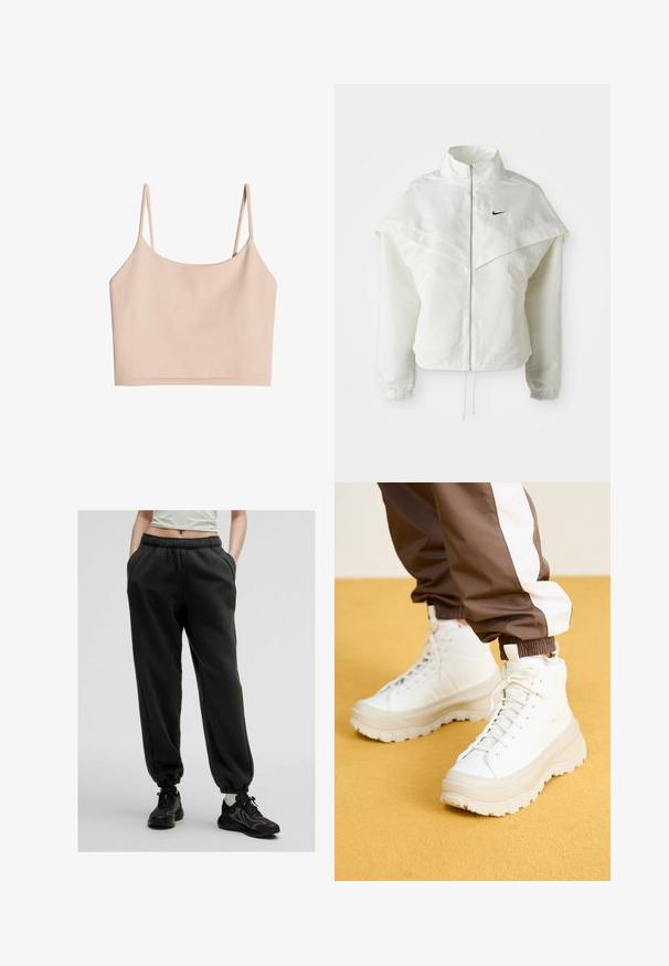 Biała, długozapinana kurtka na zamek z wysokim kołnierzem, z pelerynowym detalem na ramionach, elastycznymi mankietami i małym czarnym logo Nike na piersi.; Top w kolorze nude, krótki, na cienkich ramiączkach, wykonany z miękkiego materiału, o gładkiej teksturze i prostym, prostym kroju.; Czarne dresowe spodnie z gumką w pasie, z bocznymi kieszeniami i elastycznymi mankietami. Miękka tkanina o luźnym kroju, zestawione z teksturowanymi czarnymi sneakersami.; Białe wysokie trampki z grubą, teksturowaną podeszwą, charakteryzujące się gładką cholewką, okrągłym czubkiem i sznurowadłami w tonacji koloru, na żółtym tle.