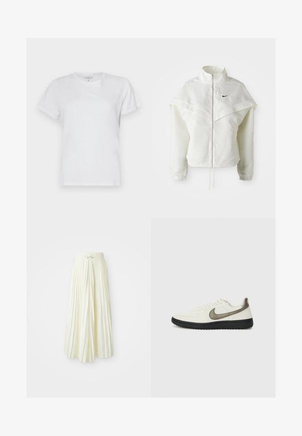 Fehér, hosszú ujjú, zipzáras dzseki magas gallérral, a vállakon lebegő, köpenyszerű résszel, rugalmas mandzsettákkal és kis fekete Nike logóval a mellkason.; Fehér pamut póló rövid ujjakkal, V-nyakú kialakítással és sima textúrával. Nincsenek látható minták vagy kiegészítők. Normál szabású.; Redőzött midi szoknya világos sárga szövetből, rugalmas derékkal és megkötővel, sima textúrával és függőleges csíkokkal a részletek kiemelésére.; Nike Sportswear FIELD GENERAL - Sportcipő - off-white/black