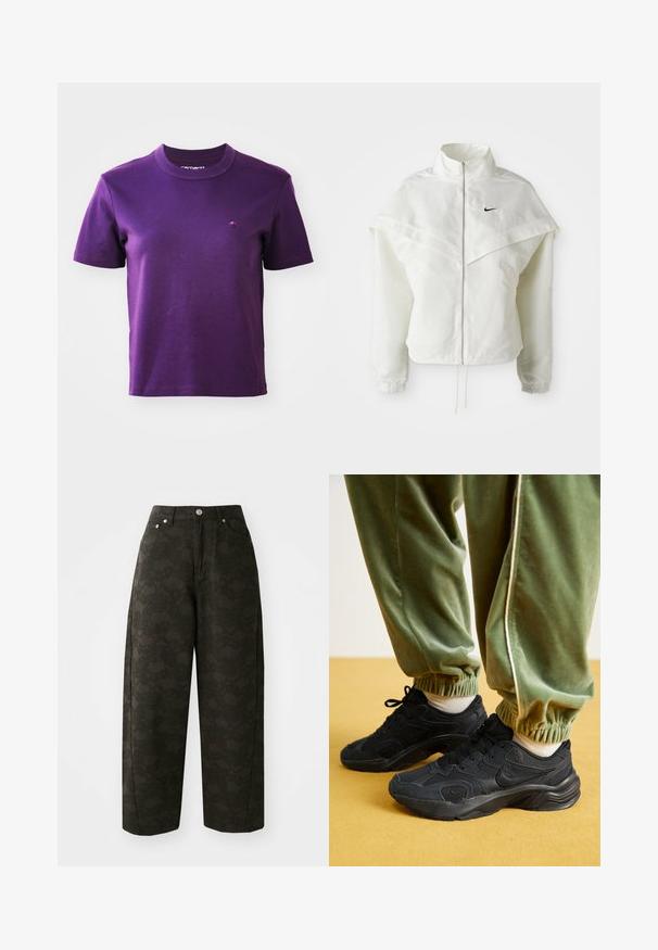 Witte lange mouwen zip-up jas met hoge kraag, cape-achtige details over de schouders, elastische manchetten en een klein zwart Nike-logo op de borst.; Paarse katoenen T-shirt met een ronde halslijn en korte mouwen; heeft een klein geborduurd logo op de borst. Gladde textuur, geen patronen.; Donkergroene wijde broek met een gestructureerd bloempatroon, vijf zakken en metalen knoopsluitingen in de taille.; Zwarte sport sneakers met gaas en synthetische overlays, een gestructureerde zool, gecombineerd met groene jogginbroeken met elastische boorden, op een gele ondergrond.