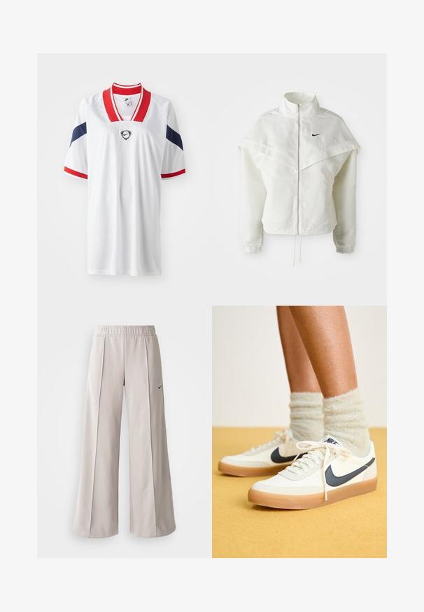 Balta ilga rankovė zip-up striukė su aukštu apykakle, švarkelio tipo detalėmis ant pečių, elastingomis rankovėmis ir mažuoju juodu Nike logotipu ant krūtinės.; Balta sportinė marškinė su raudonais ir tamsiai mėlynais akcentais, V formos apykakle, trumpomis rankovėmis ir tinklu tekstūra, su logotipo detalizavimu ant krūtinės.; Šviesiai pilki plačių kojų kelnės, pagamintos iš lygaus audinio. Turi elastingą juosmenį ir juodą Nike logotipą kairėje pusėje.; Baltos Nike sportbačiai su tamsiai mėlynu swoosh, tekstūruota medžiaga, balti raišteliai ir guminiu padu, dėvimi su pūkuotomis šviesiai žaliomis kojinėmis. Geltonas fonas.