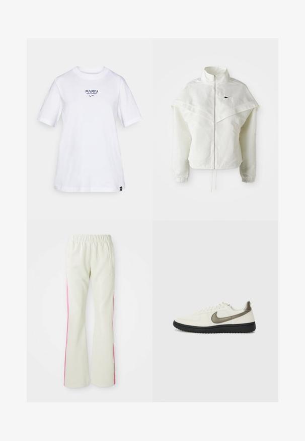 Jachetă albă cu mâneci lungi, cu fermoar, guler înalt, detalii asemănătoare unei capele pe umeri, manșete elastice și un mic logo Nike negru pe piept.; Tricou alb din bumbac cu text albastru „PARIS SAINT-GERMAIN” și logo-ul Nike. Guler clasic rotund și mâneci scurte, croială lejeră.; Pantaloni bej deschis cu talie elastică, având panouri laterale roz și buzunare laterale. Textură netedă cu un design drept.; Nike Sportswear FIELD GENERAL - Sneakers low - off-white/black