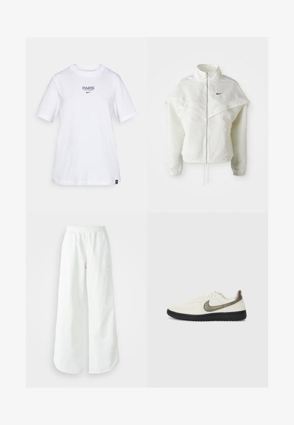 Valge pikkade varrukatega tõmblukuga jakk kõrge kraega, kätetooted, mis meenutavad katet õlgadel, elastsete mansettidega ja väikese musta Nike logoga rinnal.; Valge puuvillane T-särk, millel on sinine tekst "PARIS SAINT-GERMAIN" ja Nike logo. Klassikaline ümar kaelus ja lühikesed varrukad, mugav lõige.; Valged laiad spordipüksid, ribadega vöökoht ja diskreetne logosümbol. Sile kangas, lõdvestatud istuvus ja kitsenev ääreosa.; Nike Sportswear FIELD GENERAL - Tossud - off-white/black