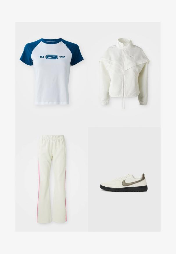 Witte lange mouwen zip-up jas met hoge kraag, cape-achtige details over de schouders, elastische manchetten en een klein zwart Nike-logo op de borst.; Witte katoenen t-shirt met blauwe raglanmouwen, met een centraal logo en "1972" eronder gedrukt in het blauw. Korte mouwen en ronde hals.; Lichtbeige broek met een elastische tailleband, voorzien van roze zijpanelen en zijzakken. Gladde textuur met een recht gesneden pasvorm.; Nike Sportswear FIELD GENERAL - Sneakers laag - off-white/black