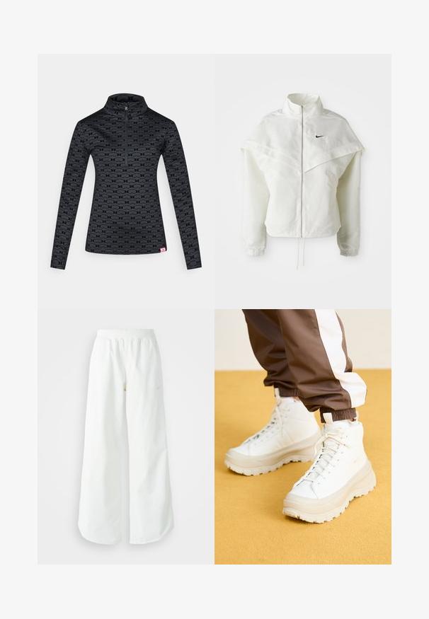Balta ilga rankovė zip-up striukė su aukštu apykakle, švarkelio tipo detalėmis ant pečių, elastingomis rankovėmis ir mažuoju juodu Nike logotipu ant krūtinės.; Juodas ilgomis rankovėmis megztinis su ketvirčio užtrauktuku. Turi subtilų viso paviršiaus raštą ir mažą rožinę logotipo etiketę apačioje. Minkšta, lygi tekstūra.; Balti sportiniai keliai su platėjančiomis kojomis, su įtemptu juosmeniu ir subtilia logotipo detale. Lygus audinys, laisvas kirpimas ir siaurėjantis apatinis kraštas.; Baltos aukštos sportinės bateliai su masyviu, tekstūruotu padu, sklandžiu viršumi, apvalia nosimi ir toniniu raišteliu, prieš geltoną foną.