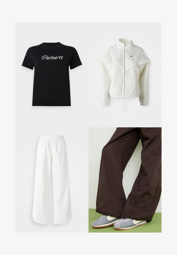 Veste zippée à manches longues blanche avec col haut, détail de type cape sur les épaules, poignets élastiques et petit logo Nike noir sur la poitrine.; T-shirt en coton noir à manches courtes et encolure ronde. Présente le logo "Carhartt" en blanc, dans un design texturé ressemblant à une chaîne sur la poitrine.; Pantalons de sport larges blancs avec une taille côtelée et un discret logo. Tissu lisse avec une coupe décontractée et un bas effilé.; Pantalons larges marron avec une texture lisse et des détails sur les coutures latérales, accompagnés de baskets rétro grises et blanches avec une semelle en caoutchouc.
