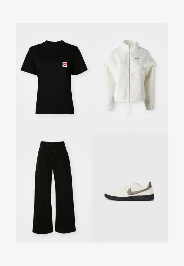 Valge pikkade varrukatega tõmblukuga jakk kõrge kraega, kätetooted, mis meenutavad katet õlgadel, elastsete mansettidega ja väikese musta Nike logoga rinnal.; Must mustrõngiga must puuvillane T-särk lühikeste varrukatega. Esiküljel on tasku, millel on punane südame logo ja valge tekst.; Must musta laiad jõhkrad püksid, mis on valmistatud denimist, kõrge vöökoha, esise nupu sulgemise ja küljetaskutega. Sile tekstuur minimaalse õmblusega.; Nike Sportswear FIELD GENERAL - Tossud - off-white/black