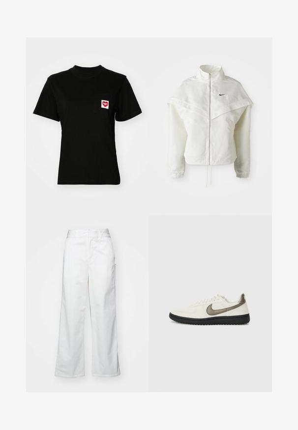 White long-sleeve zip-up jacket with high collar, cape-like detail across shoulders, elastic cuffs, and small black Nike logo on chest.; Black cotton t-shirt with a crew neckline and short sleeves. Features a front pocket with a red heart logo and white text.; White wide-leg trousers made from cotton, featuring a smooth texture, straight fit, front pockets, and a clean hem.; Nike Sportswear FIELD GENERAL - Trainers - off-white/black
