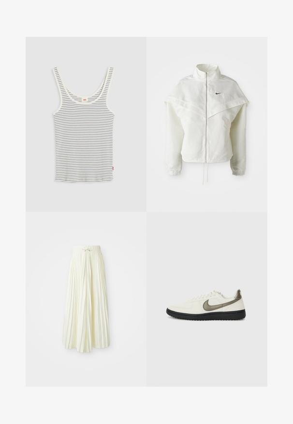 Balta garās piedurknes ar rāvējslēdzēju jaka ar augstu apkakli, apmetņa līdzīga detaļa uz pleciem, elastīgas aproces un mazs melns Nike logotips uz krūtīm.; Balts ribots bez piedurknēm ar plānām melnām horizontālām svītrām un apaļu kakla izgriezumu, izklāts uz gaiši pelēka fona.; Gaiši dzeltena plisēta midi svārku, kurai ir elastīga josta ar saišu, gluda tekstūra un vertikālas svītras papildu detaļām.; Nike Sportswear FIELD GENERAL - Treniņu apavi - off-white/black