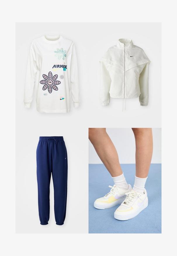 Hvit langermet jakke med glidelås og høy krage, kappe-lignende detaljer over skuldrene, elastiske mansjetter, og liten svart Nike-logo på brystet.; Hvitt langermet T-skjorte med fargerike blomster grafikk og merkevaretekst. Myk stoff med en avslappet passform, rund hals og lange ermer.; Mørkeblå joggebukser laget av mykt stoff, med elastisk linning med snøring, elastiske mansjetter og en liten hvit logo.; Hvit lær sneakers med gule og lavendel detaljer, rund tå, flate lisser, og teksturert gummisåle. Brukt med hvite sokker.