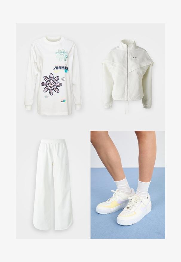 Fehér, hosszú ujjú, zipzáras dzseki magas gallérral, a vállakon lebegő, köpenyszerű résszel, rugalmas mandzsettákkal és kis fekete Nike logóval a mellkason.; Fehér, hosszú ujjú póló, amely színes virágmintákkal és márkázott szöveggel díszített. Puha anyag, laza szabás, kerek nyakkivágás és hosszú ujjú dizájn.; Fehér, bő szárú sportnadrág ribbelt derékpánttal és diszkrét logórésszel. Simá szövet, laza szabással és taperált szárral.; Fehér bőr sneakers sárga és levendula színű kiegészítőkkel, kerek orral, lapos fűzökkel és texturált gumitalppal. Fehér zoknival viselve.