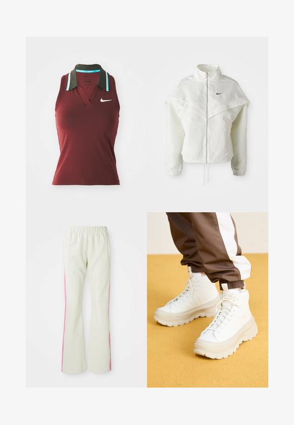 White long-sleeve zip-up jacket with high collar, cape-like detail across shoulders, elastic cuffs, and small black Nike logo on chest.; Maroon sleeveless polo shirt with a collared neck, green collar accent, and blue stripe details. Features a white Nike logo on the chest.; Light beige pants with an elastic waistband, featuring pink side panels and side pockets. Smooth texture with a straight-leg design.; White high-top sneakers with a chunky, textured sole, featuring a smooth upper, round toe, and tonal laces, set against a yellow background.