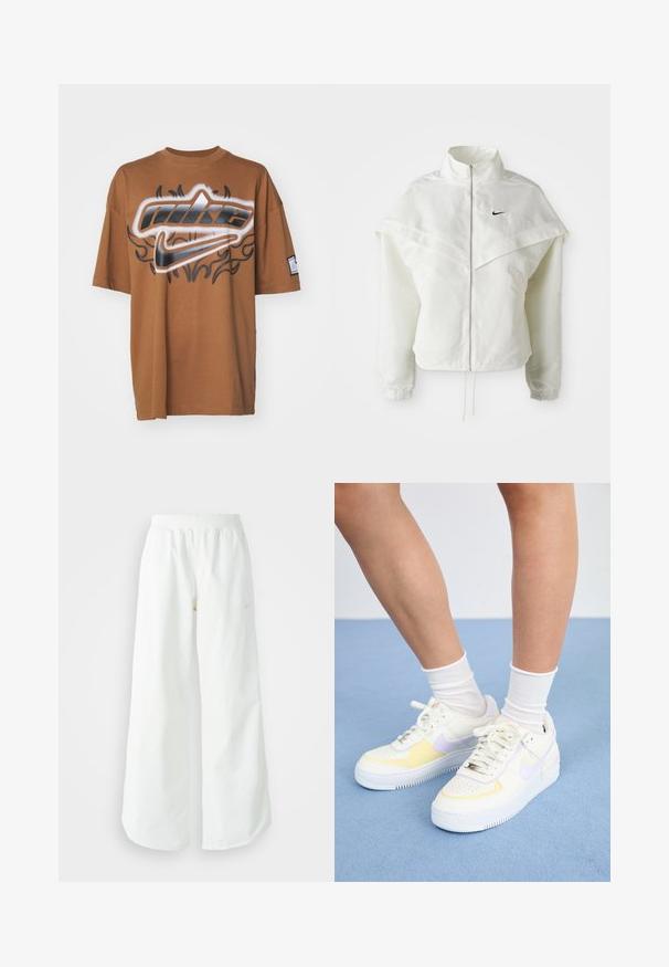 Jaqueta branca de mangas longas com fecho éclair e gola alta, detalhe tipo capa nos ombros, punhos elásticos e pequeno logótipo preto da Nike no peito.; Nike Sportswear DANCE TEE - T-shirt estampada - light british tan; Calças atléticas largas brancas com uma cintura canelada e um discreto detalhe de logótipo. Tecido suave com um corte relaxado e terminações ajustadas.; Sneakers de couro branco com detalhes em amarelo e lavanda, bico arredondado, cadarços planos e sola de borracha texturizada. Usados com meias brancas.