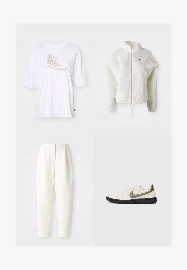 Valkoinen pitkähihainen vetoketjullinen takki korkealla kauluksella, viittamainen yksityiskohta olkapäillä, joustavat hihansuut ja pieni musta Nike-logo rinnassa.; Valkoinen puuvillapaita, jossa on lyijykynäpiirros tennarista ja kamomilloista, lyhyet hihat ja rento malli.; Valkoiset korkeavyötäröiset kapenevat housut, joissa on piilovetoketju edessä ja sivutaskut, esiteltynä yksinkertaista valkoista taustaa vasten.; Nike Sportswear FIELD GENERAL - Matalavartiset tennarit - off-white/black