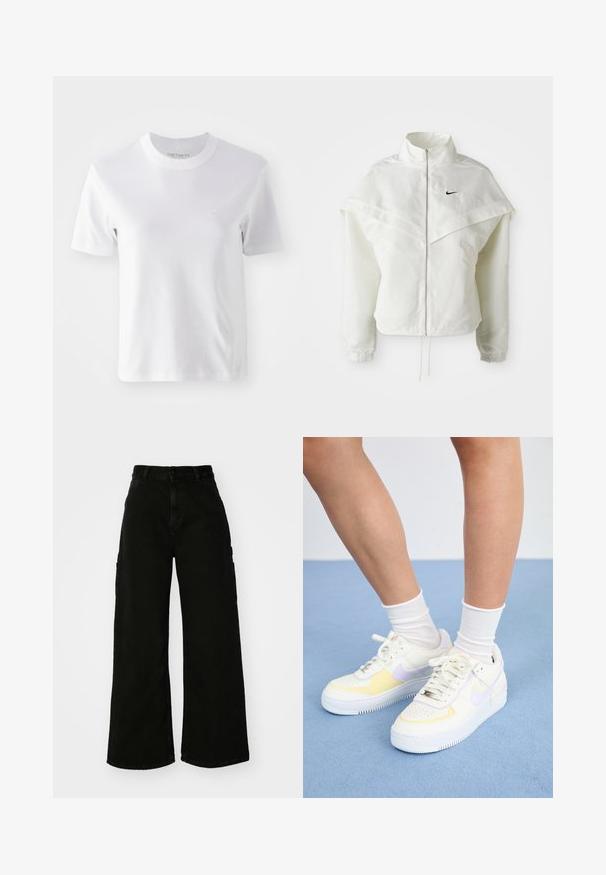 Witte lange mouwen zip-up jas met hoge kraag, cape-achtige details over de schouders, elastische manchetten en een klein zwart Nike-logo op de borst.; Witte katoenen T-shirt met korte mouwen, voorzien van een ronde hals en een klein geborduurd logo op de borst, met een gladde textuur en een eenvoudig ontwerp.; Zwarte wijde cargobroek van denim, met een hoge taille, sluiting met een knop aan de voorkant en zijzakken. Gladde textuur met minimale stiksels.; Witte leren sneakers met gele en lavendelkleurige accenten, ronde neus, platte veters en een textuurrubber zool. Gdraag met witte sokken.