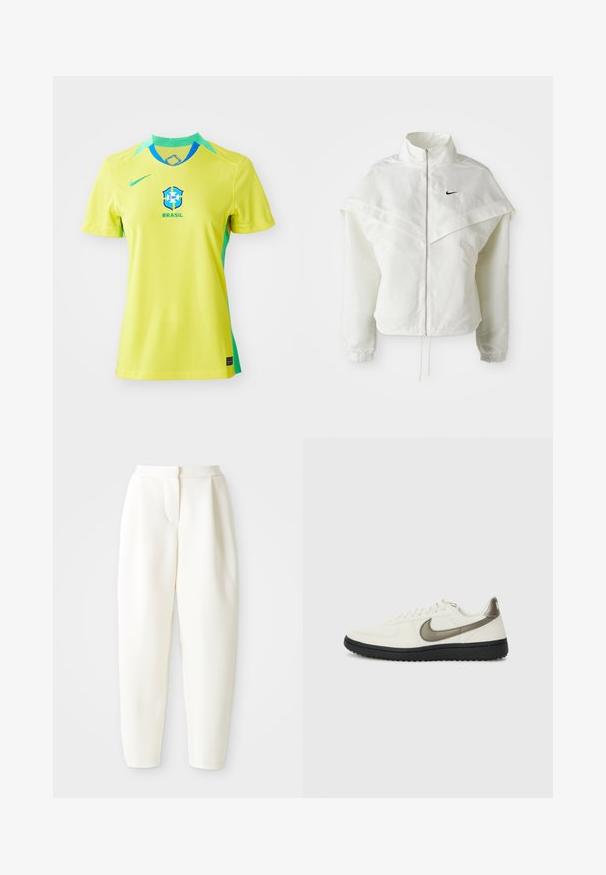 Biała, długozapinana kurtka na zamek z wysokim kołnierzem, z pelerynowym detalem na ramionach, elastycznymi mankietami i małym czarnym logo Nike na piersi.; Koszulka piłkarska Nike Brasil w jaskrawej żółci z turkusowymi akcentami. Zawiera logo CBF oraz napis "BRASIL". Krótkie rękawy i okrągły dekolt.; Białe spodnie z wysokim stanem, zwężające się ku dołowi, z ukrytym zapięciem z przodu i kieszeniami po bokach, przedstawione na jednolitym białym tle.; Nike Sportswear - Sneakersy niskie