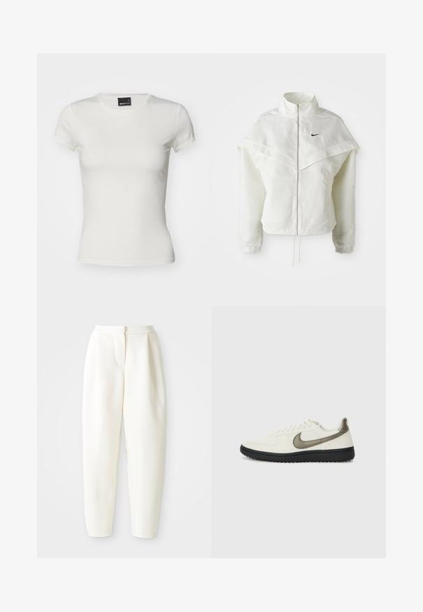 Valge pikkade varrukatega tõmblukuga jakk kõrge kraega, kätetooted, mis meenutavad katet õlgadel, elastsete mansettidega ja väikese musta Nike logoga rinnal.; Valge lühikeste varrukatega T-särk, mis on valmistatud puuvillast. Omab klassikalist ümarat kaelust ja sobivat disaini sujuva tekstuuriga. Brändi silt on nähtav.; Kõrge vöökoht ja kitsenevad valged püksid peidetud esiklõike ja küljetaskutega, esitlemine lihtsa valge tausta ees.; Nike Sportswear FIELD GENERAL - Tossud - off-white/black