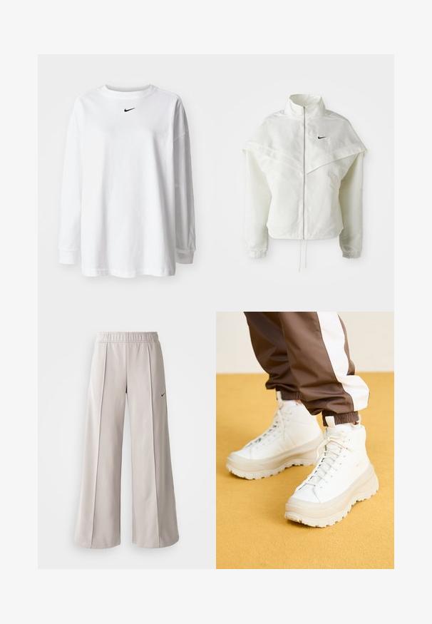 Jaqueta branca de mangas longas com fecho éclair e gola alta, detalhe tipo capa nos ombros, punhos elásticos e pequeno logótipo preto da Nike no peito.; T-shirt branca de manga longa, feita de algodão, com decote redondo e um pequeno logo preto da Nike no peito. Design simples, corte relaxado.; Calças largas de tom cinza claro feitas de tecido suave. Apresentam uma cintura elástica e o logo da Nike em preto no lado esquerdo.; Ténis brancos de cano alto com uma sola grossa e texturizada, apresentando um cabedal liso, bico redondo e atacadores tonalizados, sobre um fundo amarelo.
