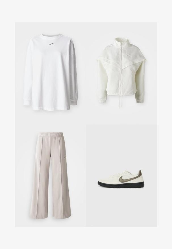 Jaqueta branca de mangas longas com fecho éclair e gola alta, detalhe tipo capa nos ombros, punhos elásticos e pequeno logótipo preto da Nike no peito.; T-shirt branca de manga longa, feita de algodão, com decote redondo e um pequeno logo preto da Nike no peito. Design simples, corte relaxado.; Calças largas de tom cinza claro feitas de tecido suave. Apresentam uma cintura elástica e o logo da Nike em preto no lado esquerdo.; Nike Sportswear FIELD GENERAL - Sapatilhas - off-white/black