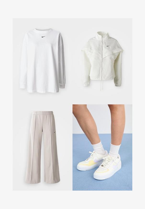Hvit langermet jakke med glidelås og høy krage, kappe-lignende detaljer over skuldrene, elastiske mansjetter, og liten svart Nike-logo på brystet.; Hvit langermet t-skjorte laget av bomull, med rund halslinning og en liten svart Nike-logo på brystet. Enkel design, avslappet passform.; Lys grå vide bukser lavet af glat stof. Har en elastisk talje og sort Nike-logo på venstre side.; Hvit lær sneakers med gule og lavendel detaljer, rund tå, flate lisser, og teksturert gummisåle. Brukt med hvite sokker.