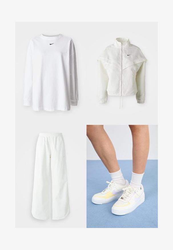 Fehér, hosszú ujjú, zipzáras dzseki magas gallérral, a vállakon lebegő, köpenyszerű résszel, rugalmas mandzsettákkal és kis fekete Nike logóval a mellkason.; Fehér, hosszú ujjú pamut póló, kerek nyakkal és egy kis fekete Nike logóval a mellkasán. Egyszerű dizájn, laza fazon.; Fehér, bő szárú sportnadrág ribbelt derékpánttal és diszkrét logórésszel. Simá szövet, laza szabással és taperált szárral.; Fehér bőr sneakers sárga és levendula színű kiegészítőkkel, kerek orral, lapos fűzökkel és texturált gumitalppal. Fehér zoknival viselve.