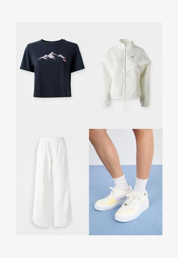Balta garās piedurknes ar rāvējslēdzēju jaka ar augstu apkakli, apmetņa līdzīga detaļa uz pleciem, elastīgas aproces un mazs melns Nike logotips uz krūtīm.; Jūras zila apgriezta T-kreklu, izgatavota no gludas auduma, ar gaiši rozā kalnu grafiku un nelielu oranžu logo apakšējā kreisajā stūrī.; Baltas, platais sporta bikses ar ribotu jostasvītru un smalku logotipa detaļu. Gluda auduma ar brīvu piegriezumu un sašaurinātu apakšdaļu.; Balti ādas sporta apavi ar dzelteniem un lavandas akcentiem, apaļa purngala forma, plakani šņores un teksturēta gumijas zole. Valkāti ar baltām zeķēm.